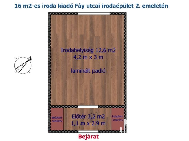 16 m2-es iroda kiadó Fáy utcai irodaépület 2. emeletén